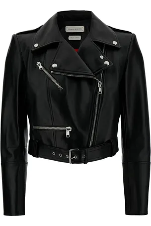 Alexander McQueen Jassen, Dames, Zwart, M, Leer, Zwarte Bikerjas met Revers Kraag