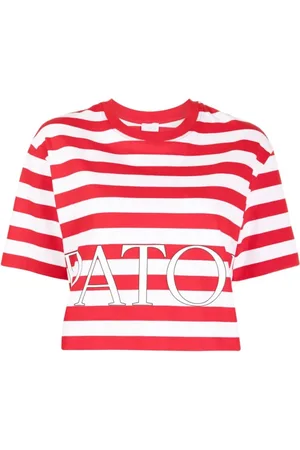 Patou Tops, Dames, Rood, M, Katoen, Gestreepte Logo Print Top