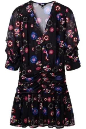Desigual Kleedjes, Dames, Zwart, L, Print V-Hals Jurk met 3/4 Mouwen
