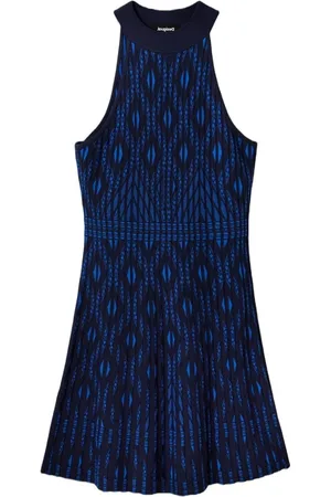 Desigual Kleedjes, Dames, Blauw, L, Blauwe Print Mouwloze Jurk