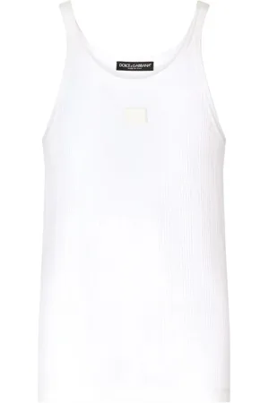 Dolce & Gabbana Tops, Heren, Wit, L, Katoen, Logo-Plaque Tanktop