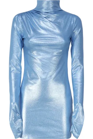 Andamane Kleedjes, Dames, Blauw, S, Polyester, Blauwe Hoge Nek Jurk