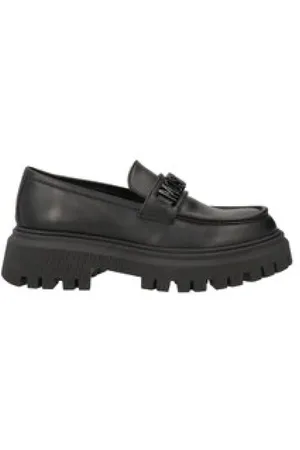 Moschino Schoenen, Dames, Zwart, 36 EU, Leer, Logo Lettering Loafers met Chunky Sole