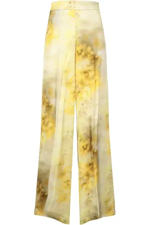 Pinko Broeken, Dames, Geel, S, Satijn, Gele Bloemen Palazzo Broek