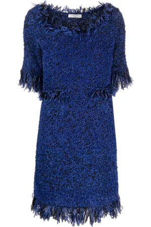 CHARLOTT Kleedjes, Dames, Blauw, M, Wol, Koningsblauwe Franje Trim Wollen Jurk