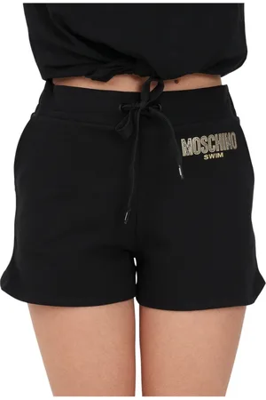 Moschino Korte broeken, Dames, Zwart, L, Katoen, Korte shorts met logo print en str versiering