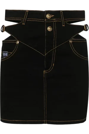 VERSACE Rokken, Dames, Zwart, S, Denim, Zwarte Denim Rok met Barok Gesp