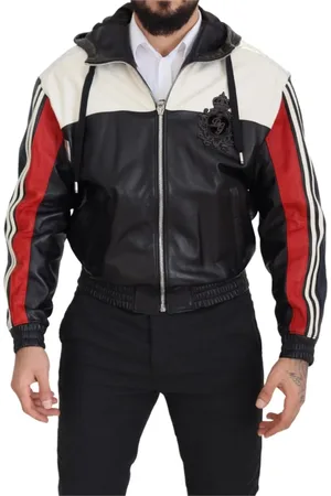 Dolce & Gabbana Jassen, Heren, Veelkleurig, S, Leer, Zwarte leren capuchon blouson jas