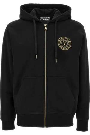 VERSACE Sweatshirts & Hoodies, Heren, Zwart, L, Logo-geborduurde Rits Hoodie Sweater