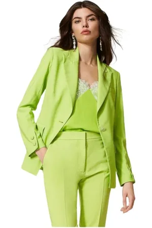 Twin-Set Jassen, Dames, Groen, M, Satijn, Satijnen Blazer met Knoopsluiting