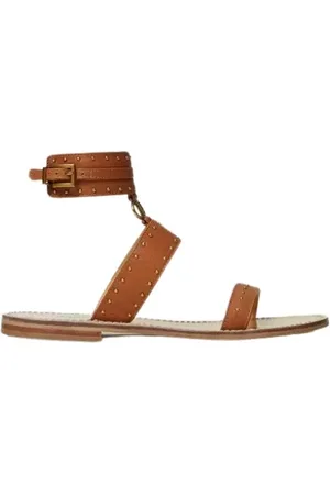 Twin-Set Schoenen, Dames, Bruin, 39 EU, Platte leren sandalen met studs