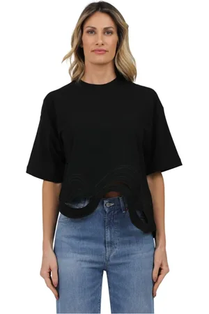 ALPHA STUDIO Tops, Dames, Zwart, XS, Geborduurde ronde hals T-shirt met golven