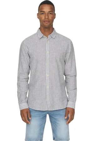 Only & Sons Overhemden, Heren, Veelkleurig, S, Linnen, Gestreept Linnen Overhemd Donkerblauw