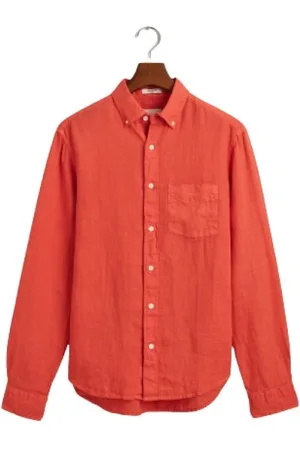 GANT Overhemden, Heren, Oranje, M, Linnen, Linnen Regular Fit Overhemd