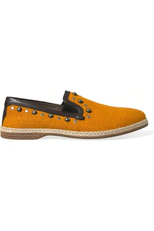 Dolce & Gabbana Schoenen, Heren, Oranje, 44 1/2 EU, Linnen, Oranje Studded Linnen Leren Loafers
