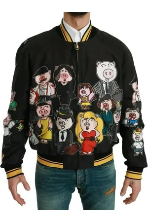 Dolce & Gabbana Jassen, Heren, Veelkleurig, M, Polyester, Zwarte Varken Motief Bomberjack 2019