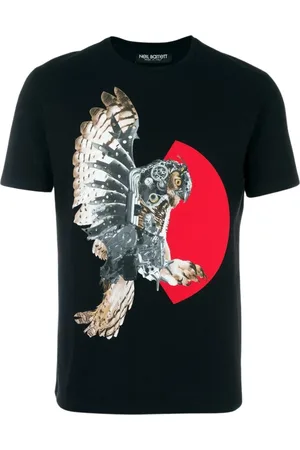 Neil Barrett Tops, Heren, Zwart, M, Katoen, Zwart Rood Mechanische Uil Shirt