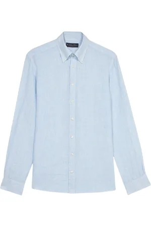 Brooks Brothers Overhemden, Heren, Blauw, S, Linnen, Lichtblauw gestreept linnen casual overhemd
