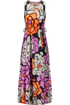 Essentiel Antwerp Kleedjes, Dames, Veelkleurig, M, Zwarte Bloemen Zijden Lange Jurk