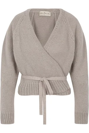 Cortana Truien, Dames, Grijs, M, Wol, Gather, beige alpaca wol merino en zijde gebreide jas