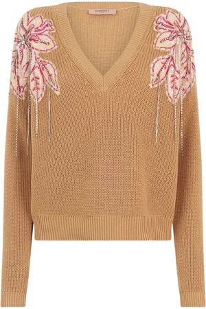Twin-Set Truien, Dames, , L, Katoen, Bloemen Top met Versiering