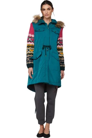 Twin-Set Jassen, Dames, Blauw, S, Polyester, Geborduurde Multicolor Parka met Nep Bont Capuchon