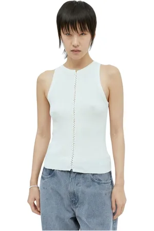 St Agni Tops, Dames, Wit, L, Katoen, Geribbeld Katoenen Tanktop met Vetersluiting