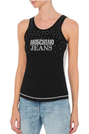 Moschino Tops, Dames, Zwart, M, Katoen, Rhinestones Tanktop Katoen Mesh