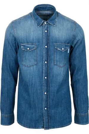 Mauro Grifoni Overhemden, Heren, Blauw, L, Denim, Denim Kraag Shirt Lange Mouwen Zakken