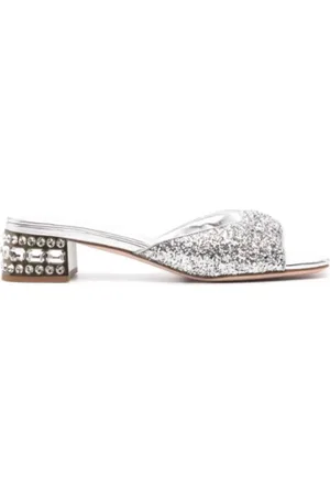 Miu Miu Schoenen, Dames, Grijs, 38 EU, Leer, Sandalen met Kristallen