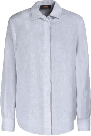 MOORER Blouses & Shirts, Dames, Wit, XS, Linnen, Klassieke Linnen Overhemd met Parel Details