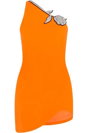 DAVID KOMA Kleedjes, Dames, Oranje, M, Een-schouder kristal roos mini jurk