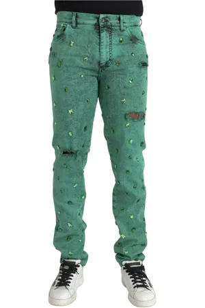 Dolce & Gabbana Jeans, Heren, Groen, L, Katoen, Kristalversierde Slim Jeans