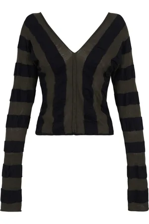 Cortana Truien, Dames, Veelkleurig, M, Wol, Gestreepte longsleeve top in khaki en zwart