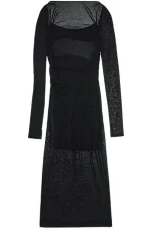 Helmut Lang Kleedjes, Dames, Zwart, M, Midi Jurk met Vierkante Hals en Open Rug
