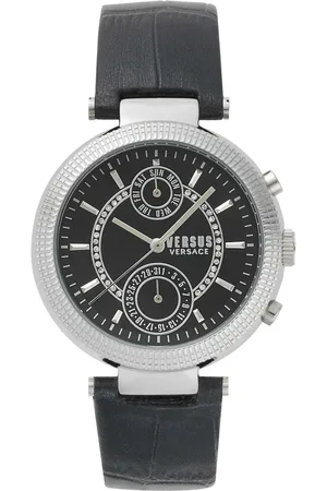 VERSACE Accessoires, Dames, Veelkleurig, ONE Size, Leer, Star Ferry Quartz Horloge Zwart Leer
