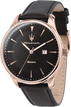Maserati Accessoires, Heren, Zwart, ONE Size, Leer, Zonneleer Traditioneel Horloge Zwart Roségoud