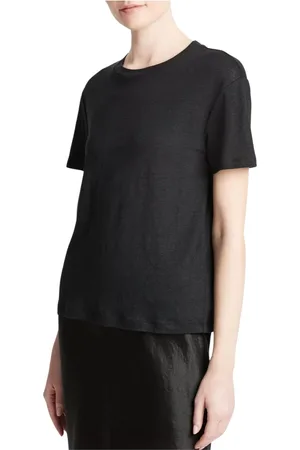 Vince Tops, Dames, Zwart, M, Linnen, Zwart Linnen Crew Neck Shirt