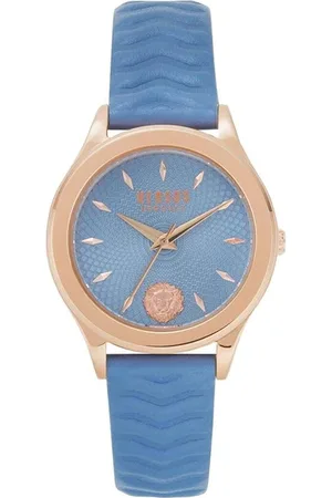 VERSACE Accessoires, Dames, Veelkleurig, ONE Size, Blauw wijzerplaat dameshorloge blauwe lederen band