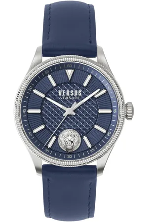 VERSACE Accessoires, Heren, Grijs, ONE Size, Colonne Leren Horloge Blauwe Wijzerplaat
