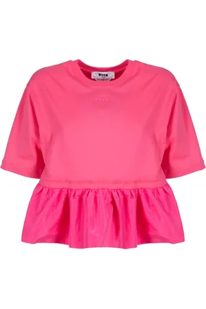 Msgm Tops, Dames, Roze, L, Katoen, Rouche Taffeta Top in Fuchsia