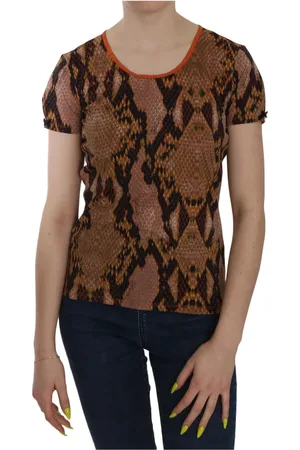 Roberto Cavalli Tops, Dames, Bruin, M, Slangenhuidprint Top T-shirt