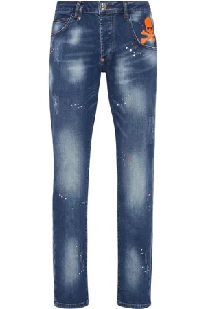 Philipp Plein Jeans, Heren, Blauw, W34, Katoen, Stone Washed Slim-Fit Jeans