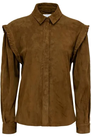 MVP Wardrobe Blouses & Shirts, Dames, Bruin, S, Suède, Suède Overhemd met Vlechtdetail