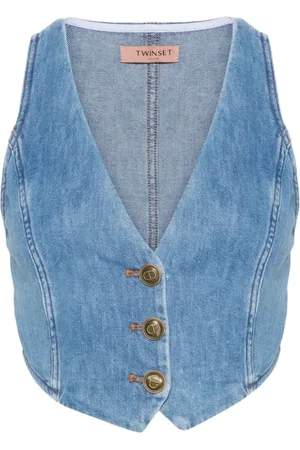 Twin-Set Jassen, Dames, Blauw, M, Denim, Stijlvolle Denim Gilet Vest