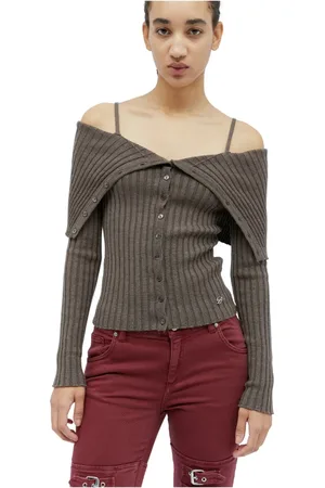 BLUMARINE Truien, Dames, Grijs, M, Wol, Wollen Gebreide Off Shoulder Top