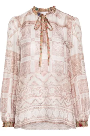PIERRE-LOUIS MASCIA Blouses & Shirts, Dames, Veelkleurig, M, Gedrukte Zijden Shirt Beige