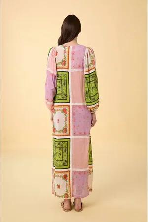 Manoush Kleedjes, Dames, Veelkleurig, L, Katoen, Gehaakte Caftan Bloemen Patchwork Jurk