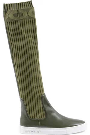 DEE OCLEPPO Schoenen, Dames, Groen, 41 EU, Leer, Elastische Kniehoge Sneakerlaars