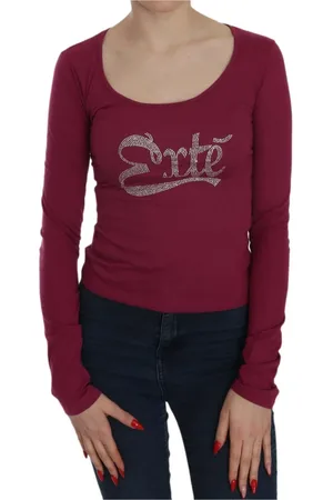 Exte Tops, Dames, Rood, L, Katoen, Kristalversierde U-hals Blouse